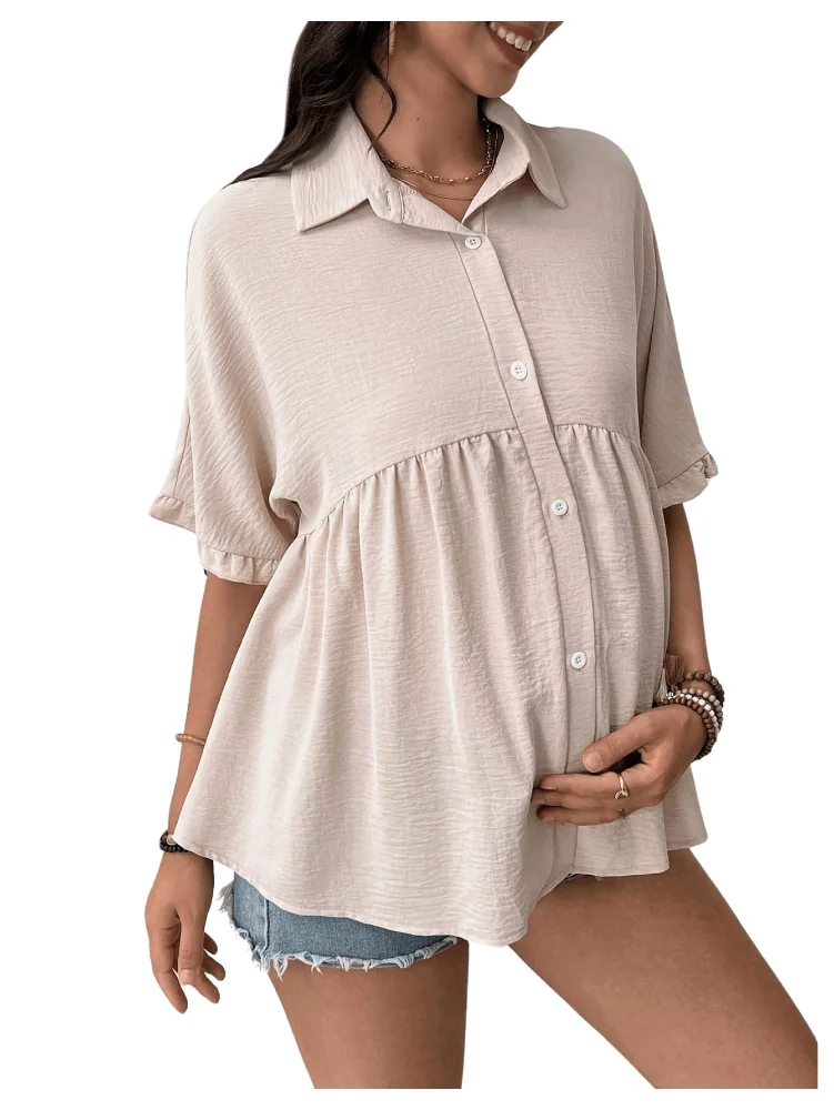 MAKEMECHIC Button Down Peplum Ruffle Maternity Blouse