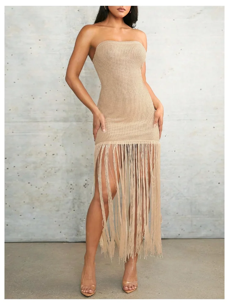 MAKEMECHIC Crochet Fringe Backless Dress, view 2