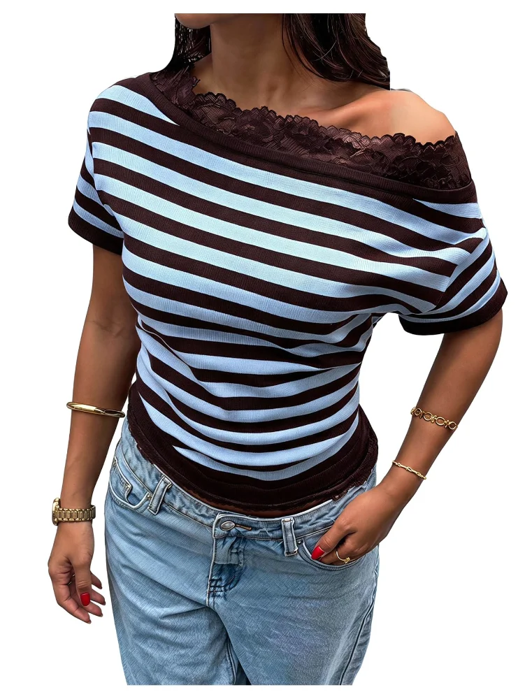 MAKEMECHIC Striped Off The Shoulder Short Sleeve Sweater