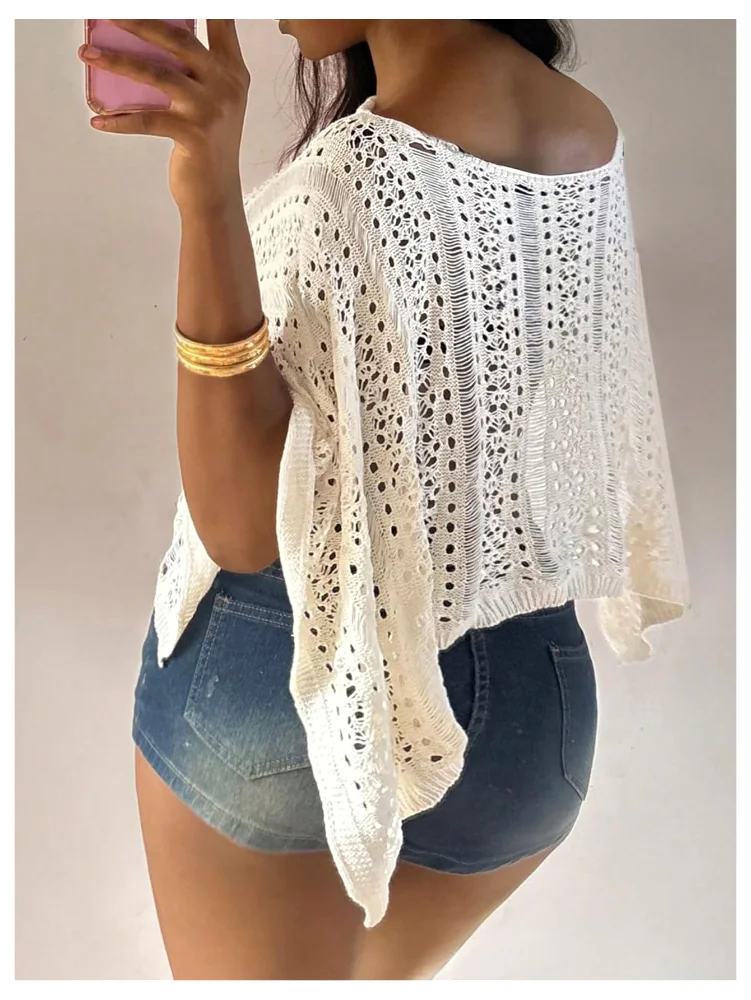 MAKEMECHIC Off Shoulder Hollow Crop Sweater, view 2