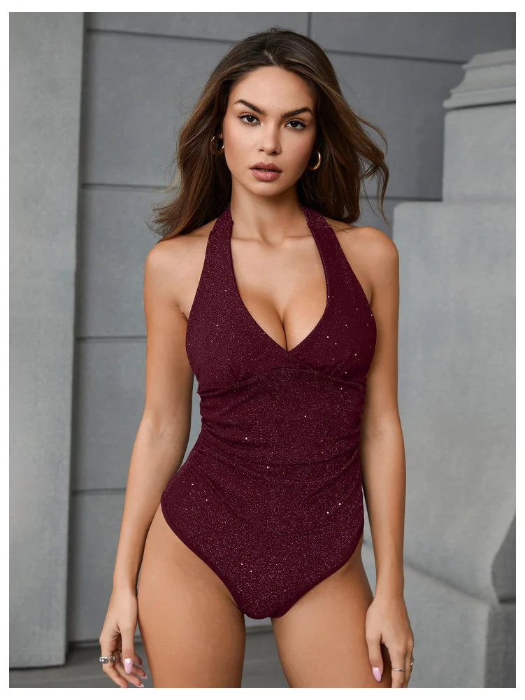 MAKEMECHIC Sparkly Deep V-Neck Bodysuit, sequin, view 3