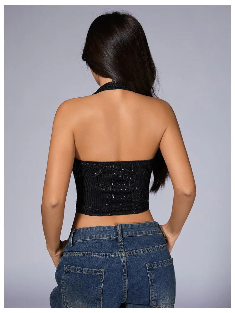 MAKEMECHIC Sequin Sparkly Crop Halter Top, view 3
