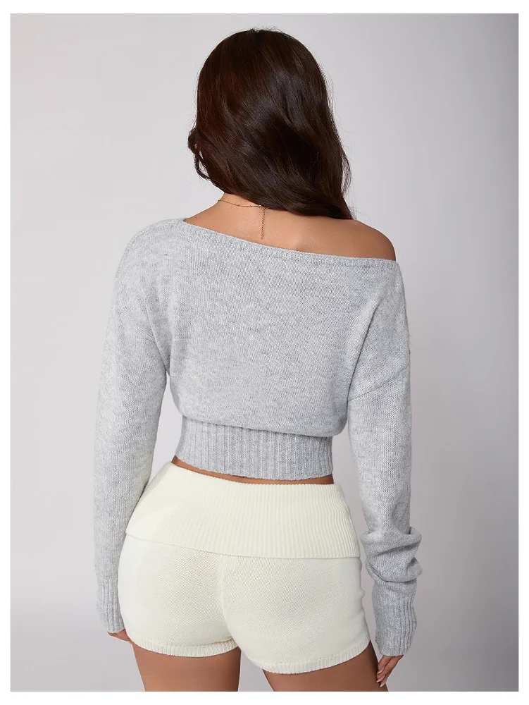 MAKEMECHIC Cropped Long Sleeve Off The Shoulder Sweater, view 2
