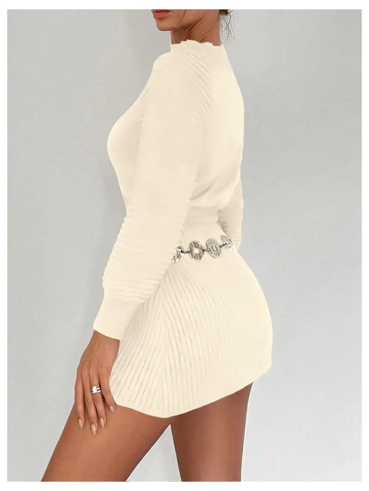 MAKEMECHIC Long Sleeve Mock Neck Shirred Mini Dress, view 3