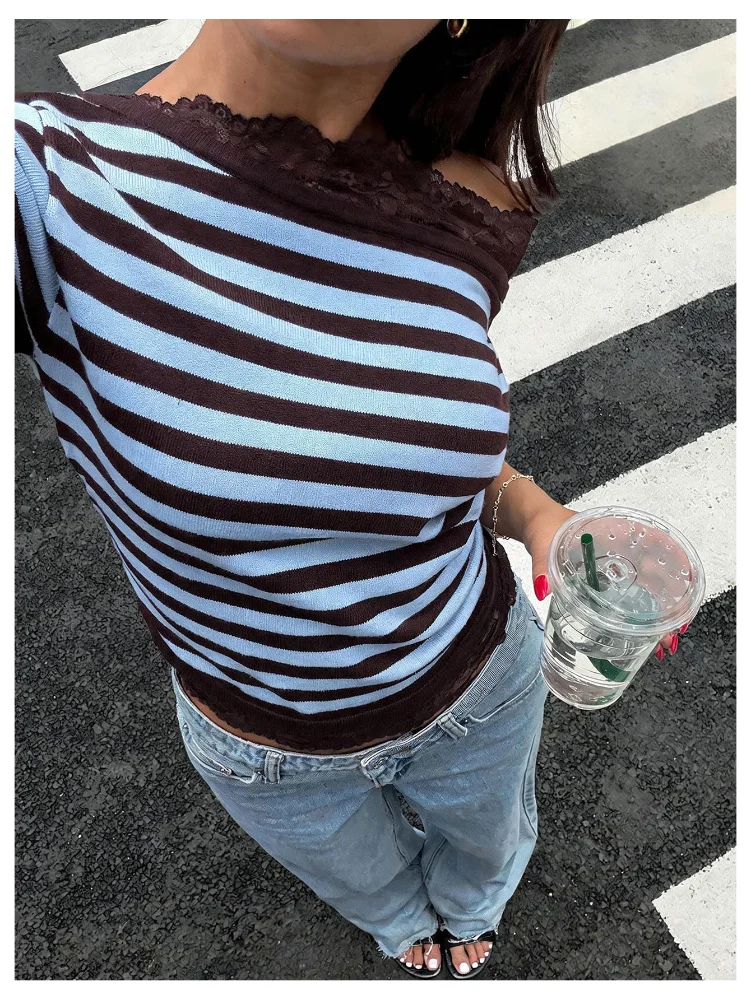 MAKEMECHIC Striped Off The Shoulder Short Sleeve Sweater, view 2