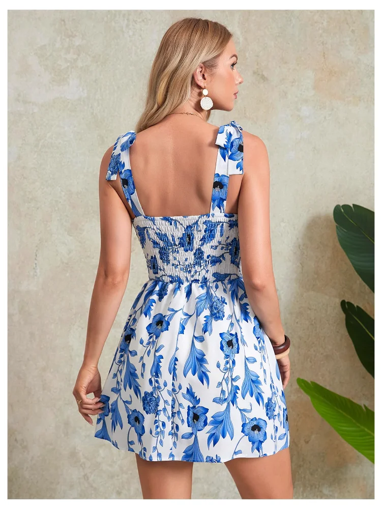 MAKEMECHIC Floral Shirred Tie Mini Dress, view 2