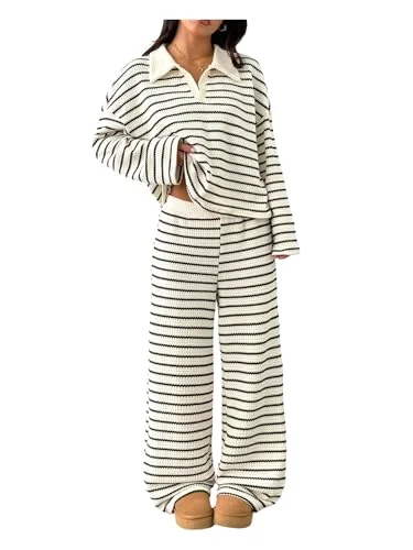 MAKEMECHIC Striped Long Sleeve Collared Pants Set