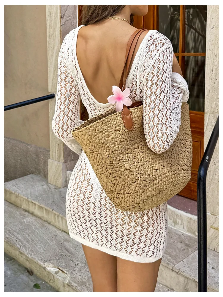 MAKEMECHIC Crochet Mini Beach Cover-Up in Beige, view 3