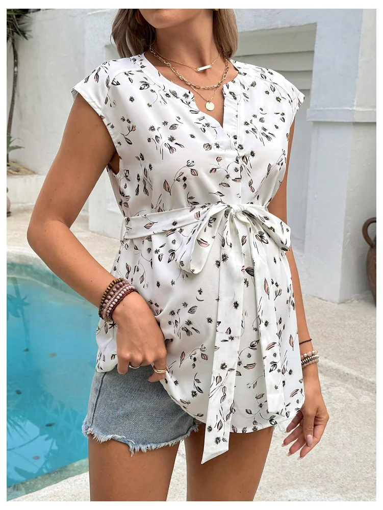 MAKEMECHIC V-Neck Cap Sleeve Belted Maternity Blouse, view 3