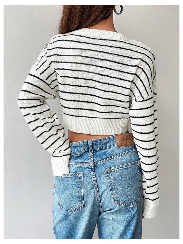 MAKEMECHIC Striped Cropped Long Sleeve Sweater, view 3