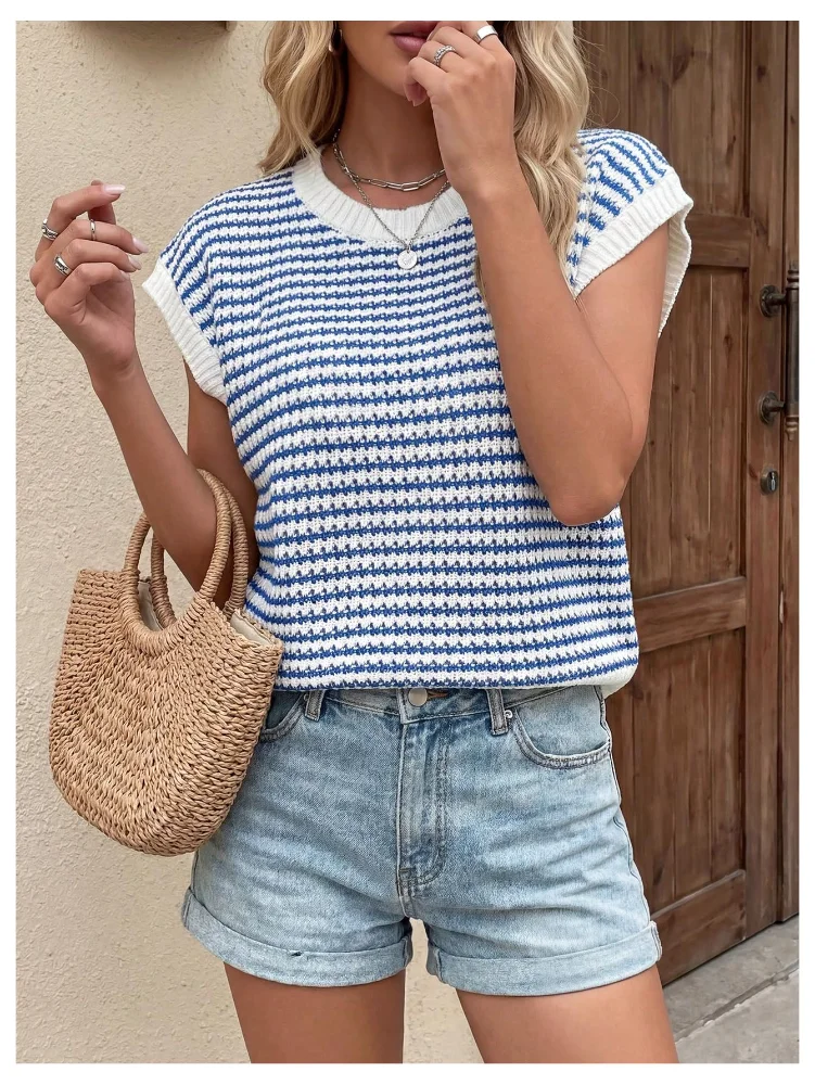 MAKEMECHIC Striped Crochet Cap Sleeve Sweater Vest, view 3
