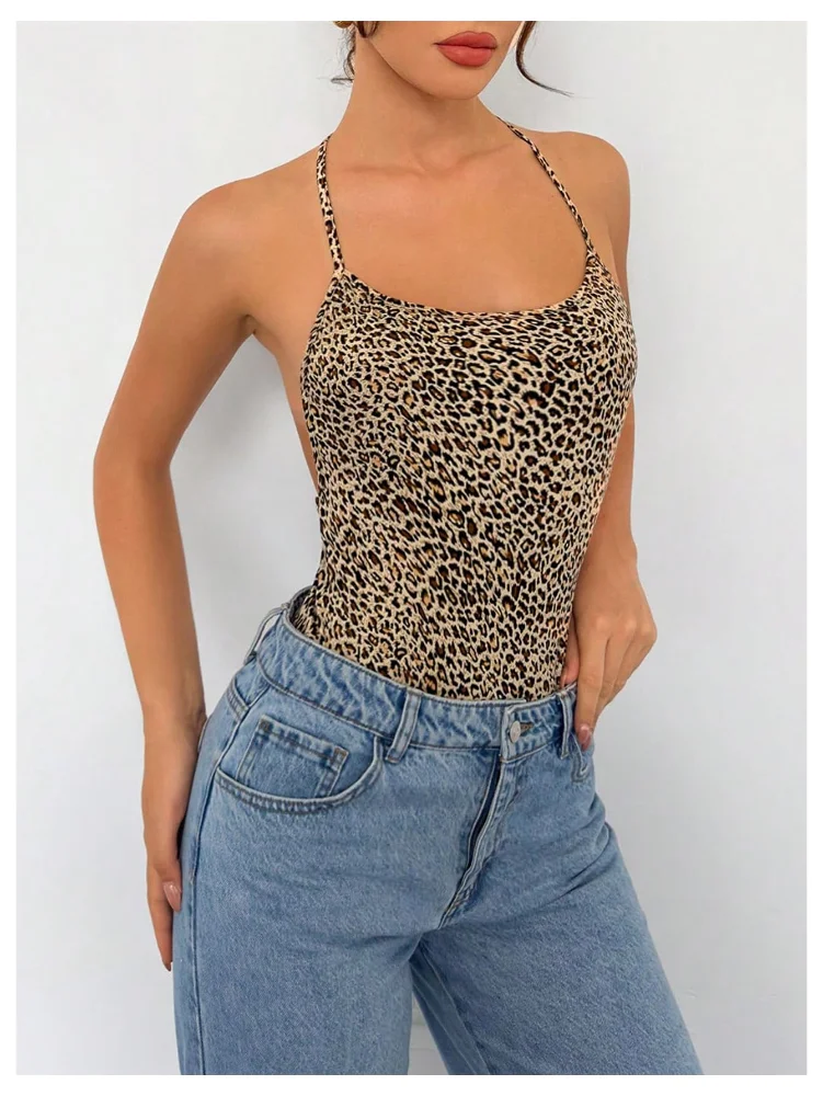 MAKEMECHIC Leopard Print Open Back Sleeveless Bodysuit, view 3