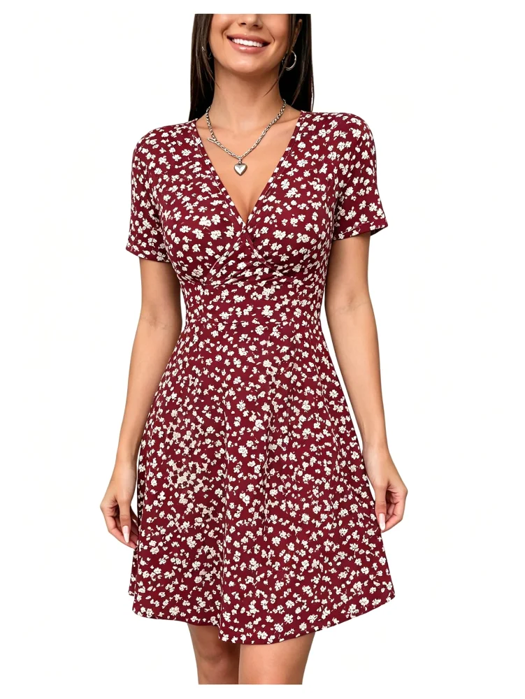 MAKEMECHIC Wrap V-Neck Short Sleeve Mini Dress
