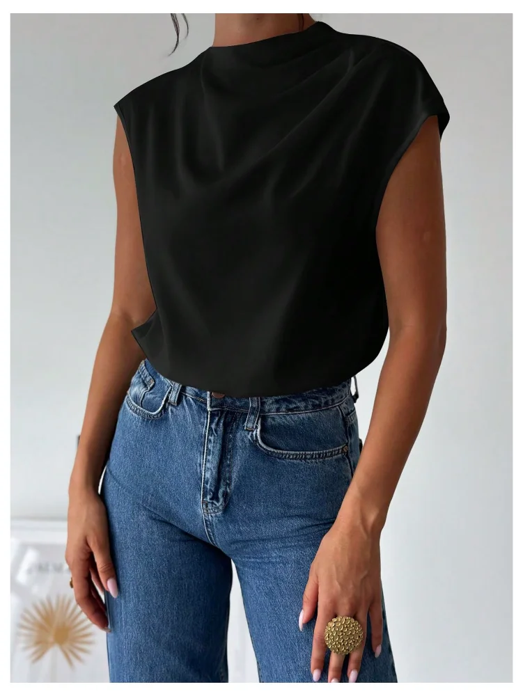 MAKEMECHIC Mock Neck Cap Sleeve Blouse, view 3