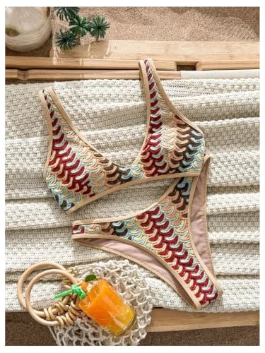 MAKEMECHIC Crochet Striped High Bikini Set, view 3