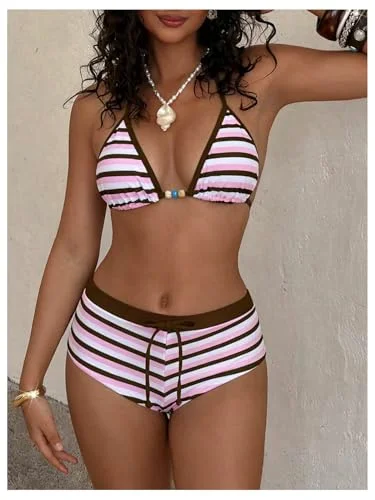 MAKEMECHIC Triangle Striped Boyshorts Bikini Set, view 2