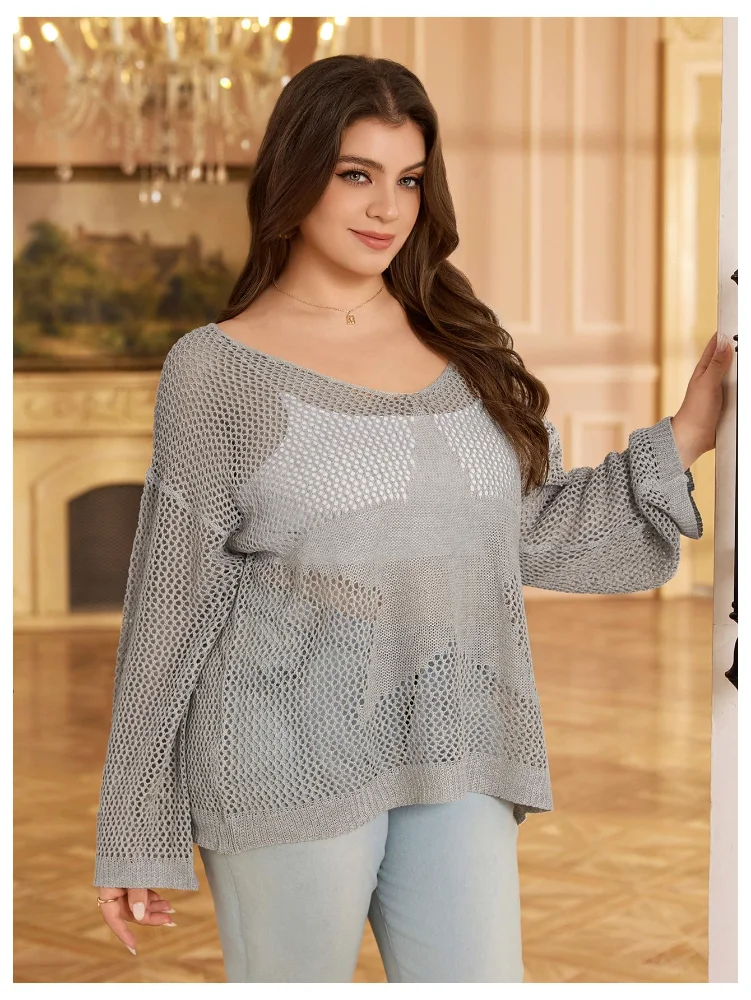 MAKEMECHIC Crochet V-Neck Long Sleeve Beach Cover-Up, view 3