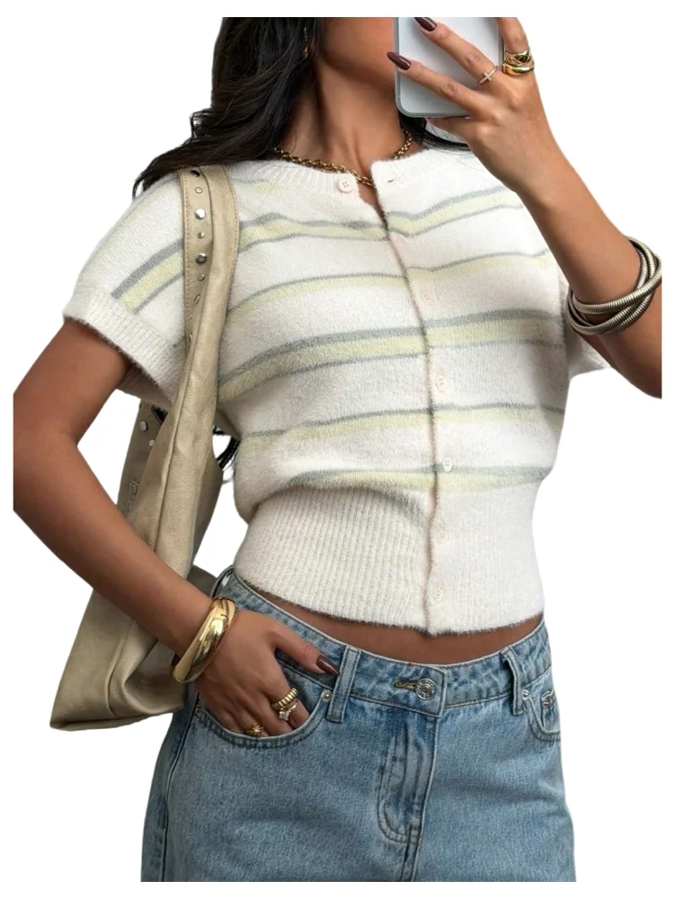 MAKEMECHIC Striped Short Sleeve Cropped Cardigan