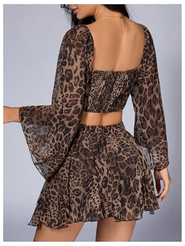 MAKEMECHIC Leopard Print Bell Sleeve Skirt Set, view 2