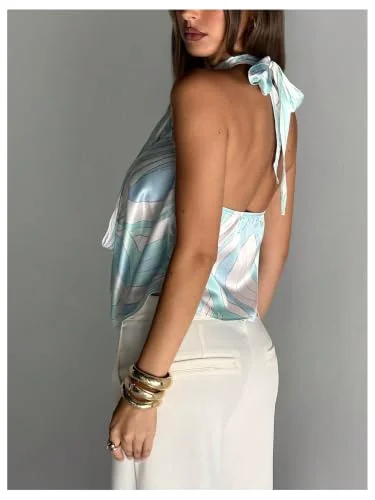 MAKEMECHIC Graphic Satin Tie Halter Top, view 3