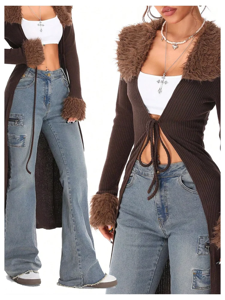 MAKEMECHIC Fur Long Sleeve Tie Front Cardigan, view 3