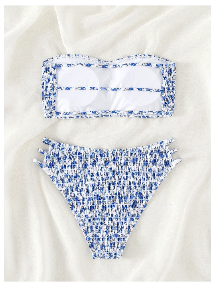 MAKEMECHIC Bandeau Strapless Smocked Bikini Set, view 3