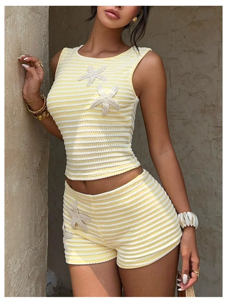 MAKEMECHIC Striped Starfish Crop Shorts Set, view 2