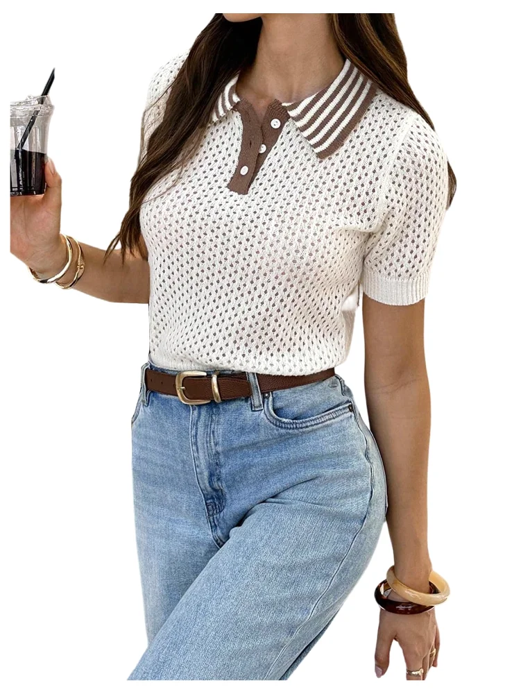 MAKEMECHIC Striped Short Sleeve Collared Sweater, knit