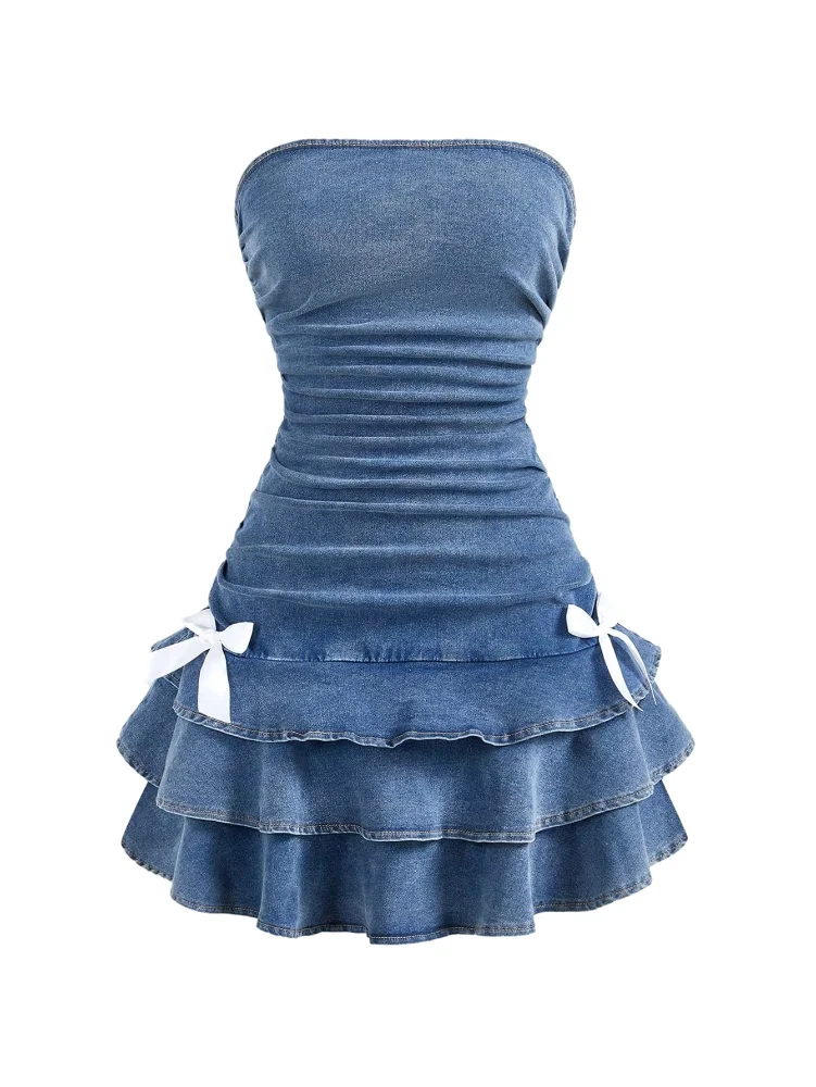 MAKEMECHIC Layered Ruffle Denim Mini Dress