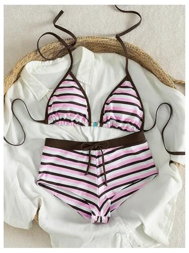 MAKEMECHIC Triangle Striped Boyshorts Bikini Set, view 3