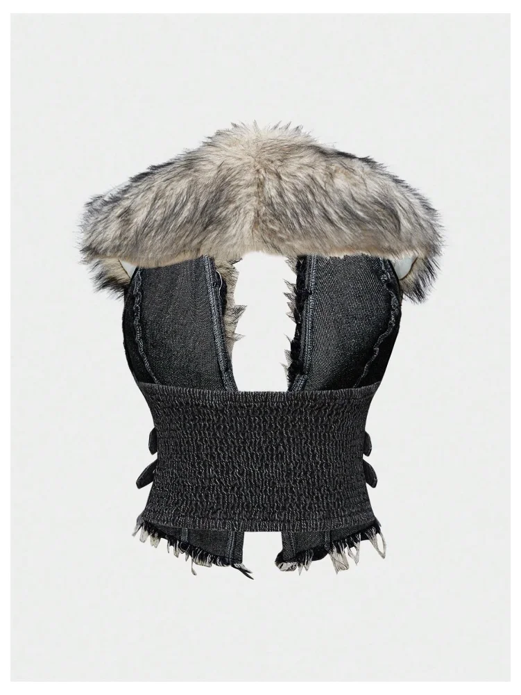 MAKEMECHIC Fur Denim Sleeveless Crop Top, view 2