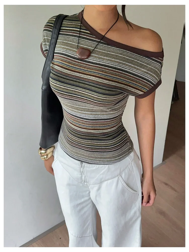 MAKEMECHIC Striped One Shoulder Short Sleeve Shorts, view 2
