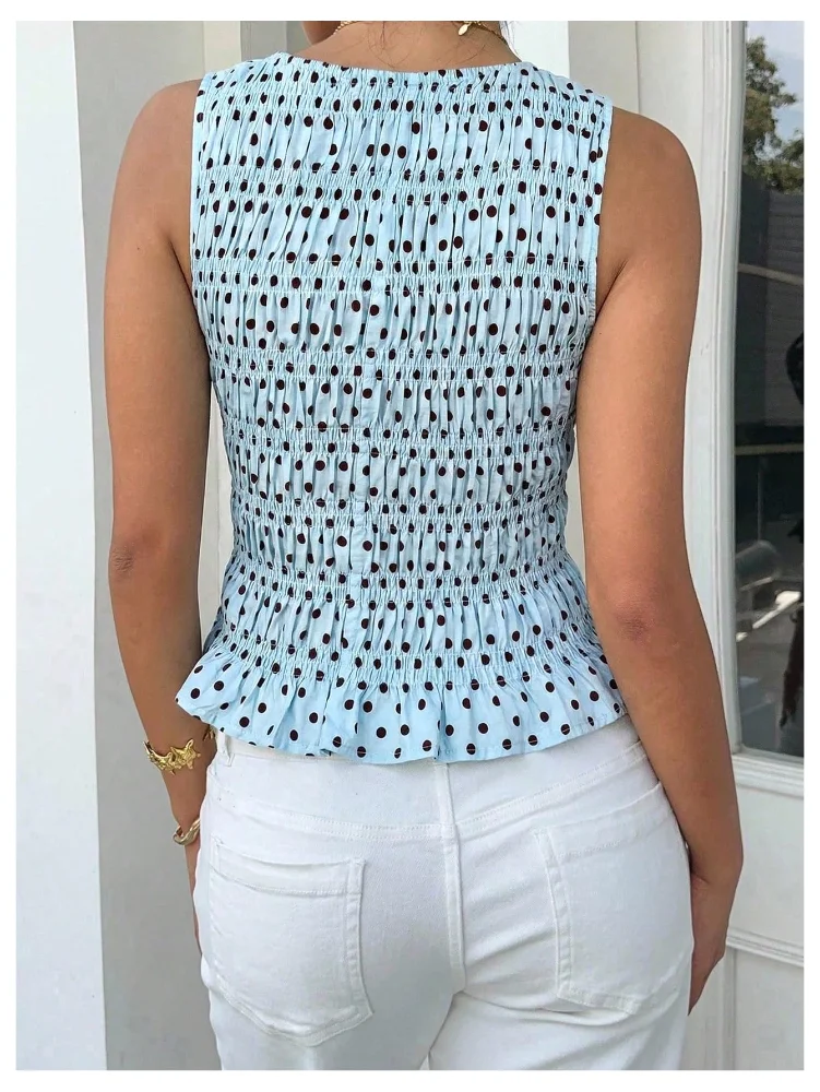 MAKEMECHIC Polka Dot Sleeveless Shirred Tank Top, view 3