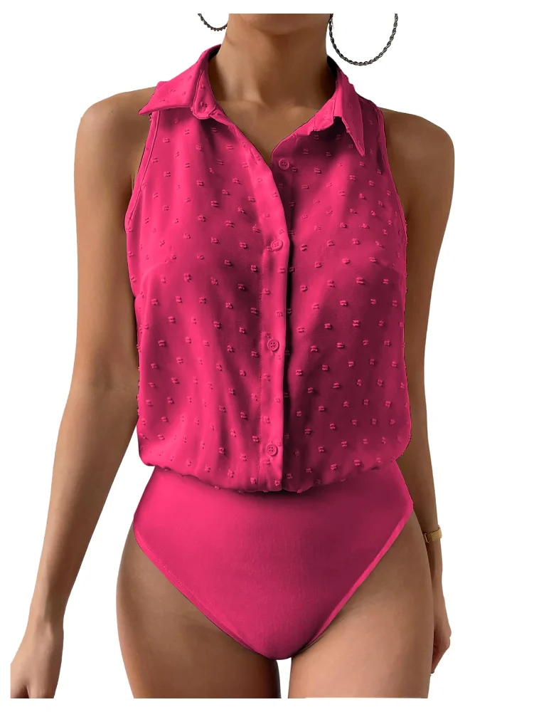 MAKEMECHIC Collared Bodysuit in Hot Pink