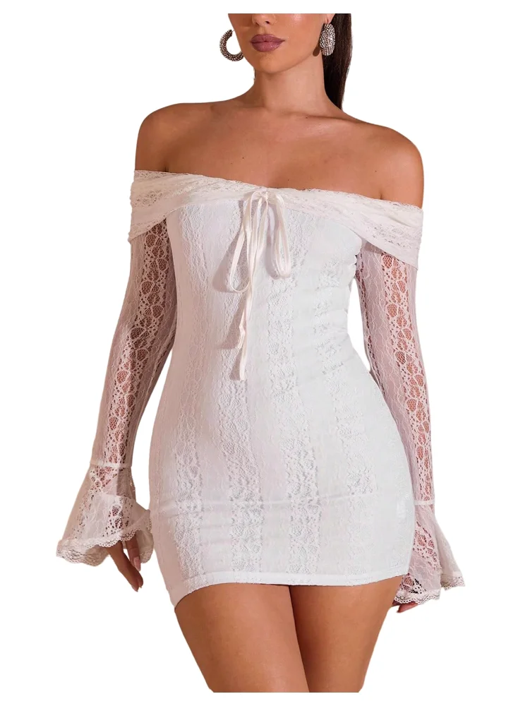 MAKEMECHIC Lace Off The Shoulder Long Sleeve Mini Dress