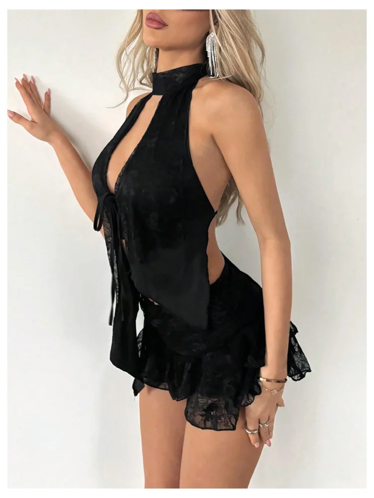 MAKEMECHIC Floral Lace Open Back Skirt Set, view 2