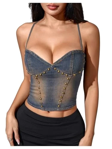 MAKEMECHIC Denim Backless Rivet Crop Top