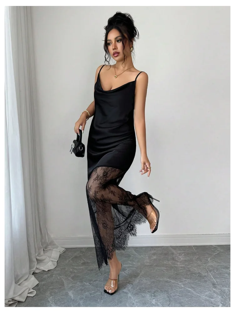 MAKEMECHIC Lace Sheer Glossy Maxi Dress, view 3