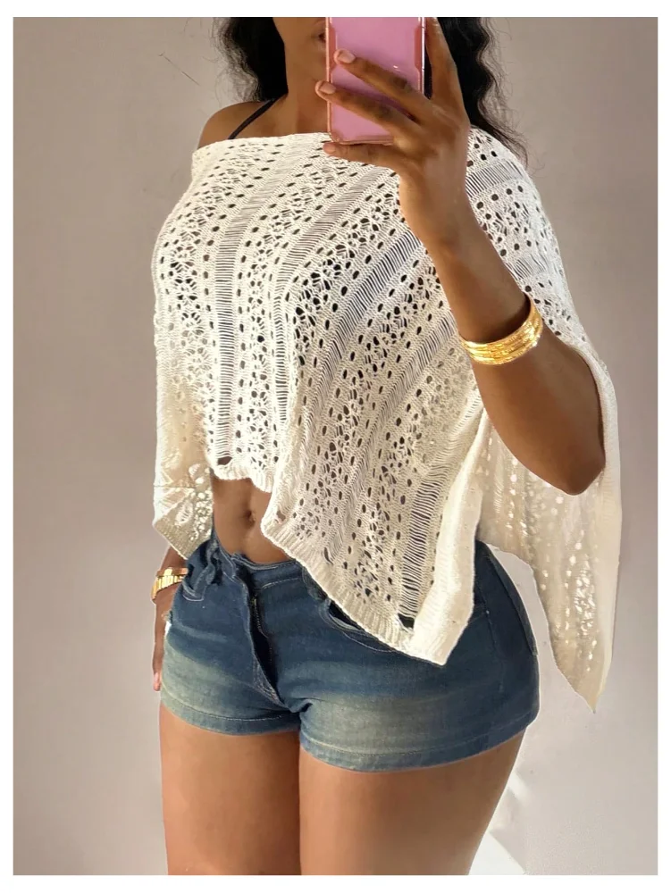 MAKEMECHIC Off Shoulder Hollow Crop Sweater, view 3