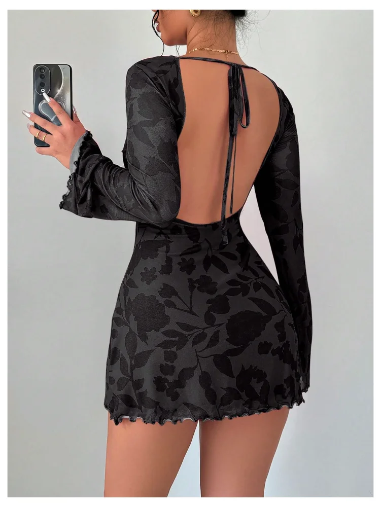 MAKEMECHIC Floral Print Long Sleeve Mesh Mini Dress, view 3