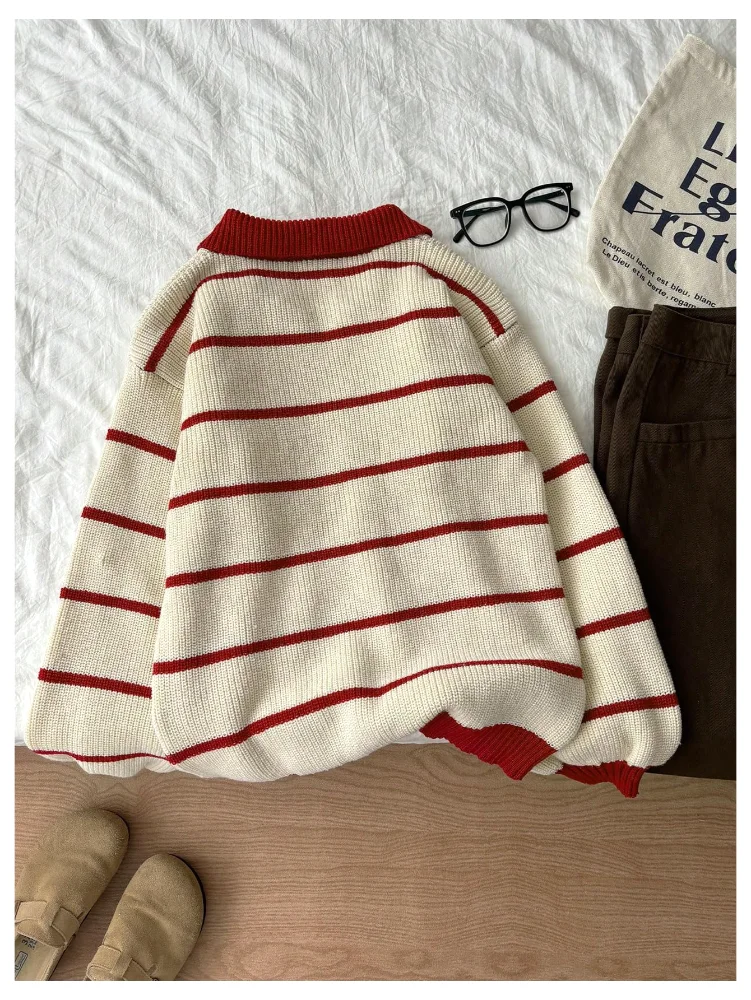 MAKEMECHIC Collared Striped Long Sleeve Sweater, view 2