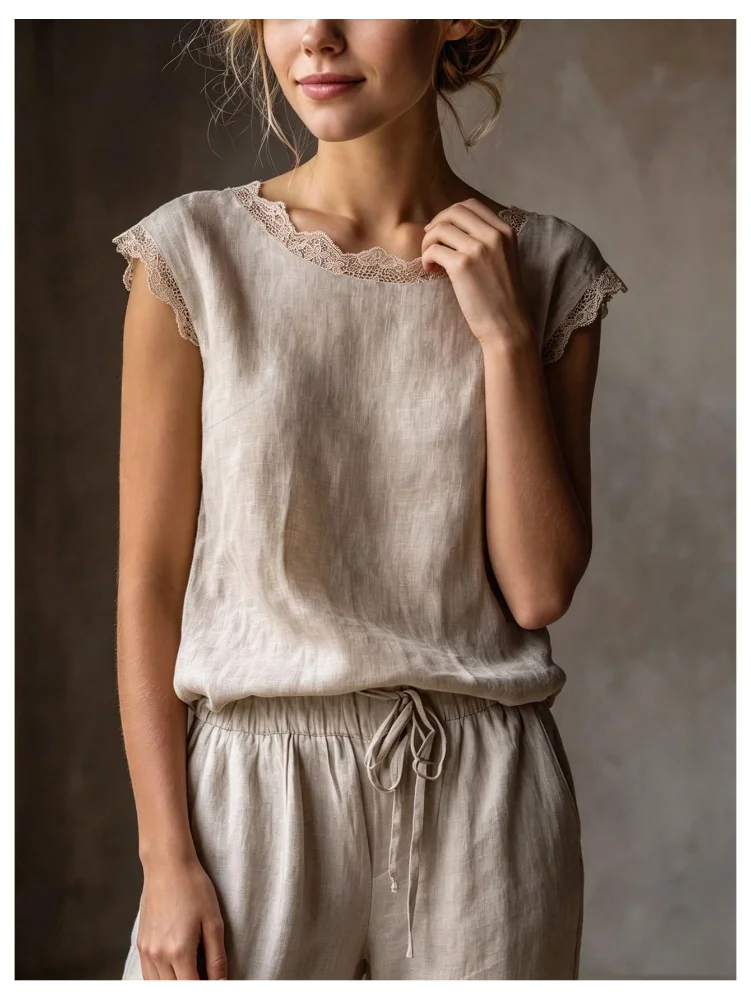 MAKEMECHIC Lace Trim Linen Tank Top, view 3