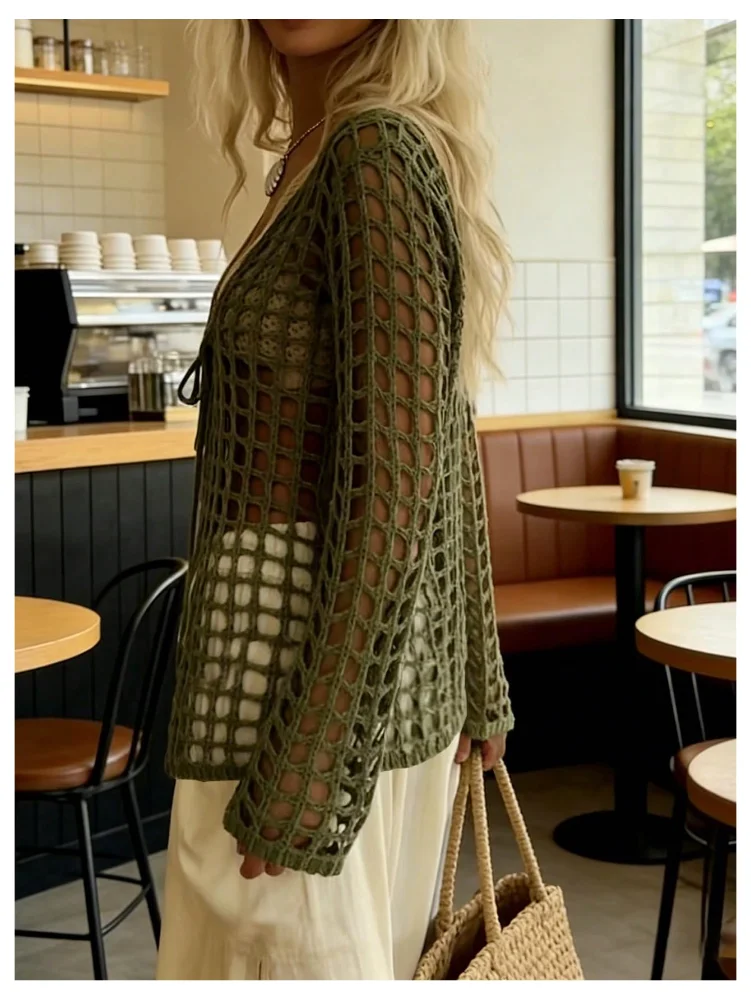 MAKEMECHIC Crochet Long Sleeve Tie Front Beach Cover-Up, view 2