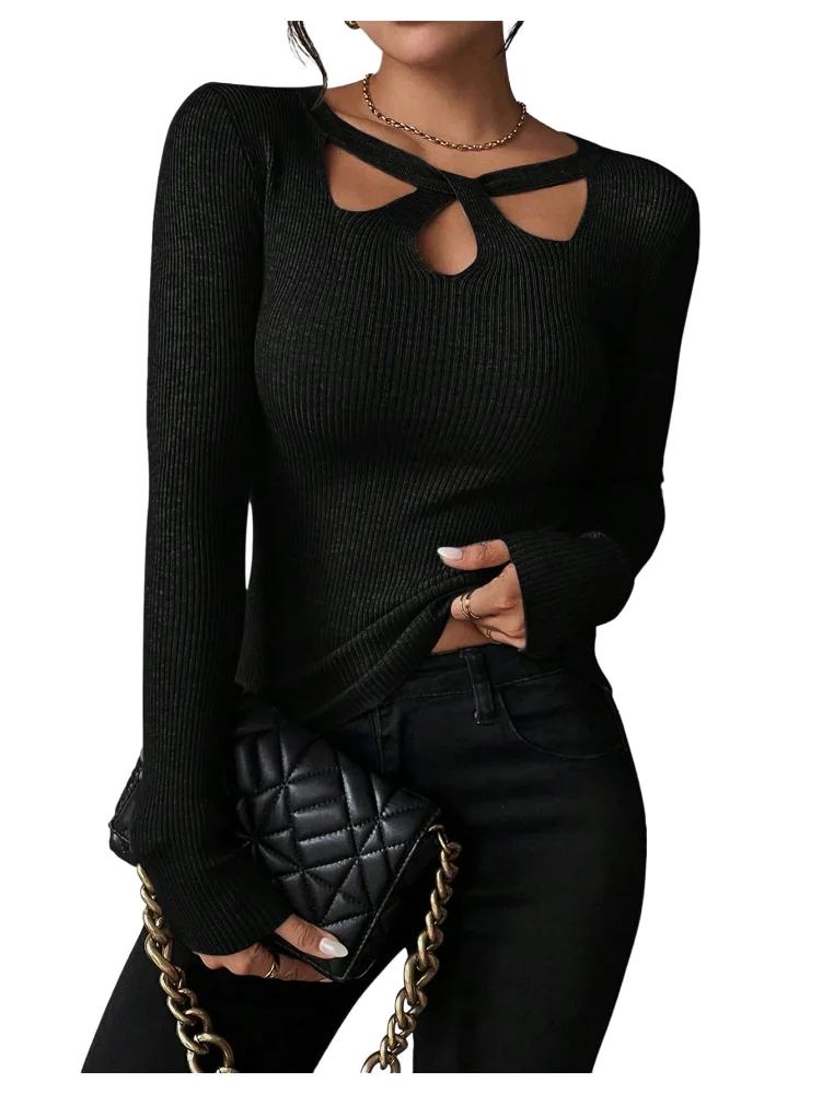 MAKEMECHIC Ribbed Knit Cutout Long Sleeve Sweater