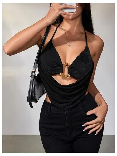 MAKEMECHIC Cowl Neck Backless Open Back Halter Top, view 3