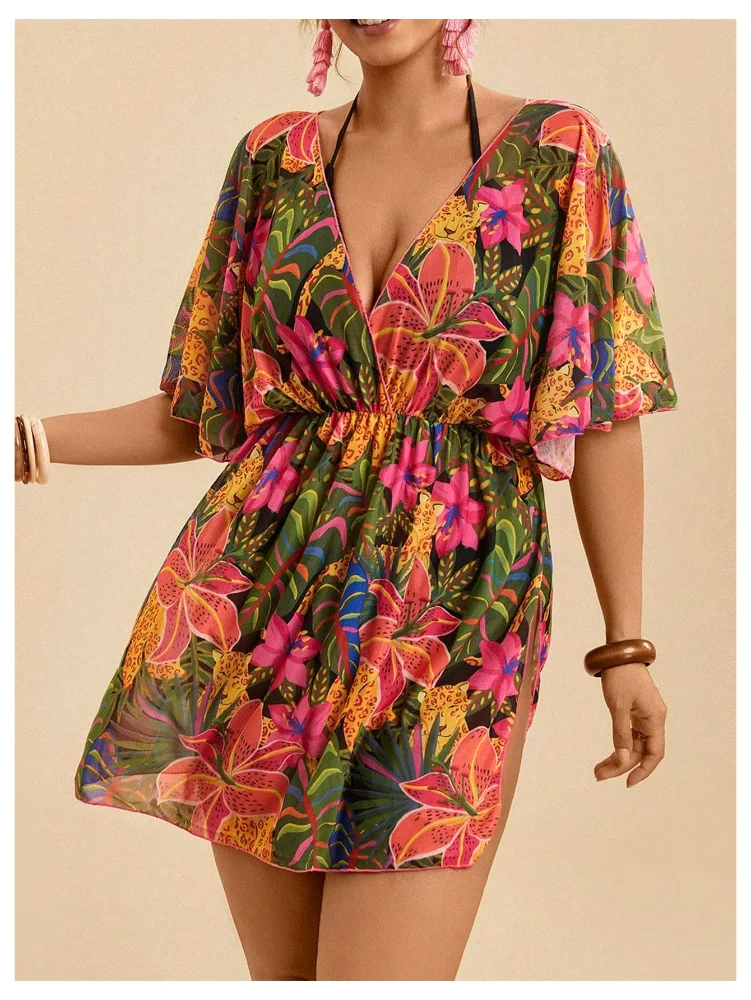 MAKEMECHIC Floral Half Sleeve Beach Cover-Up, view 2