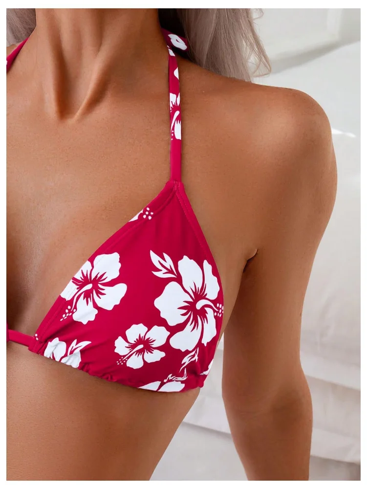 MAKEMECHIC Floral Triangle Backless Bikini Set, halter neck, view 3