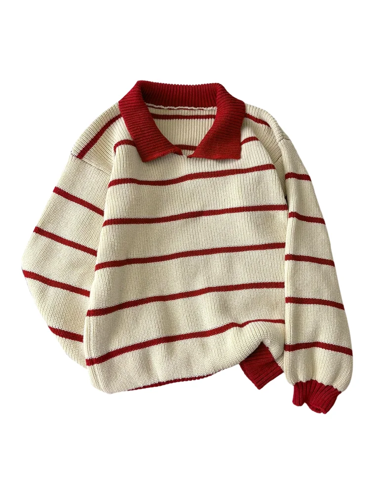 MAKEMECHIC Collared Striped Long Sleeve Sweater