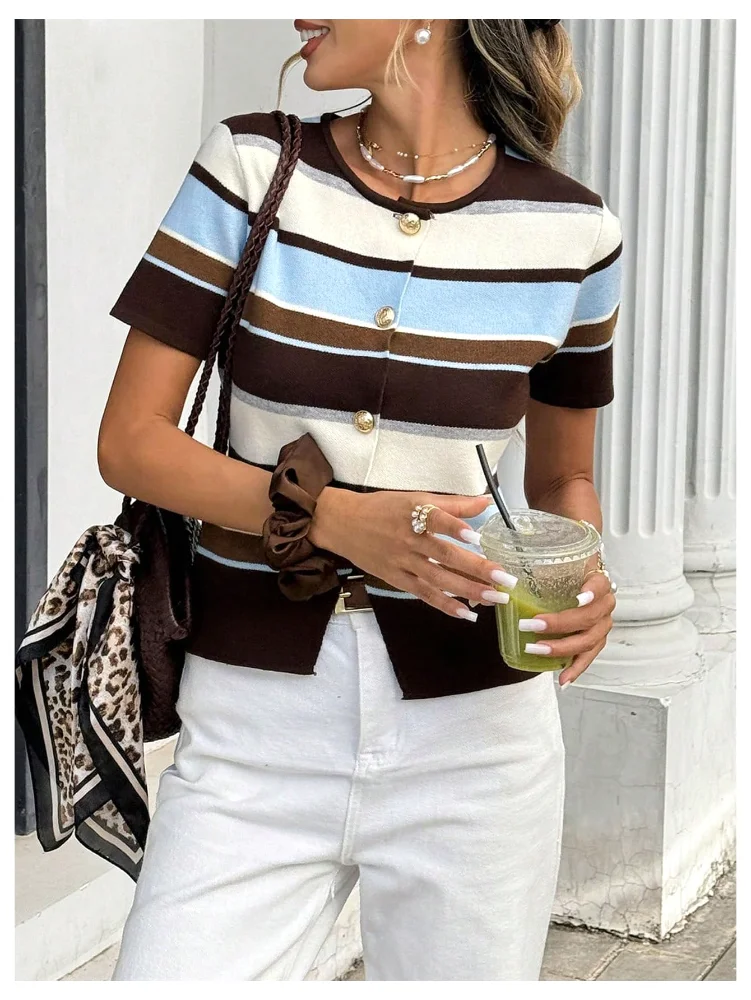 MAKEMECHIC Striped Short Sleeve Crewneck Cardigan, view 3
