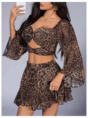 MAKEMECHIC Leopard Print Bell Sleeve Skirt Set, view 3